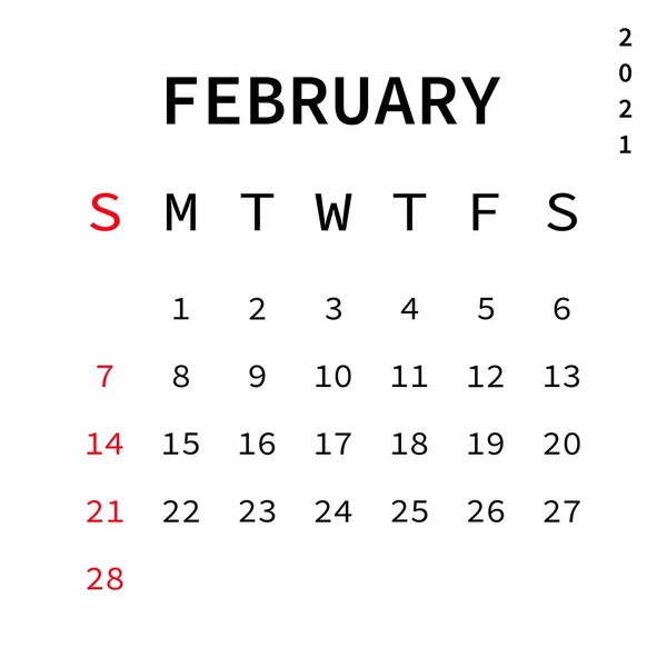 Februari 2021 Kalender Vector Eps Geïsoleerd Witte Achtergrond — Stockvector