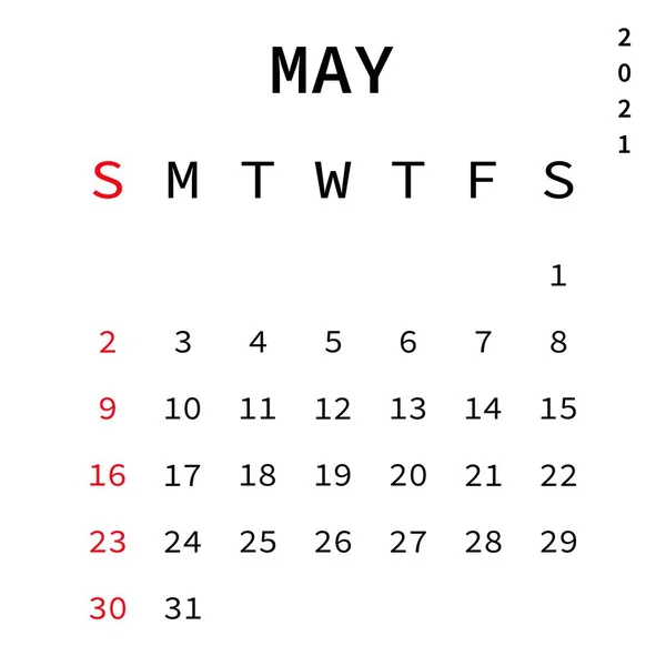 2021 Calendario Mes Mayo Vector Eps Aislado Sobre Fondo Blanco — Vector de stock