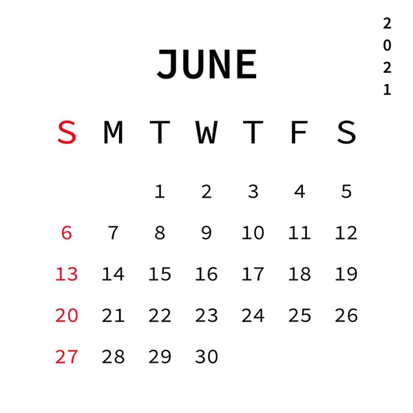2021 Календарный Июнь Месяц Векторная Eps Изолированный Белом Фоне — стоковый вектор