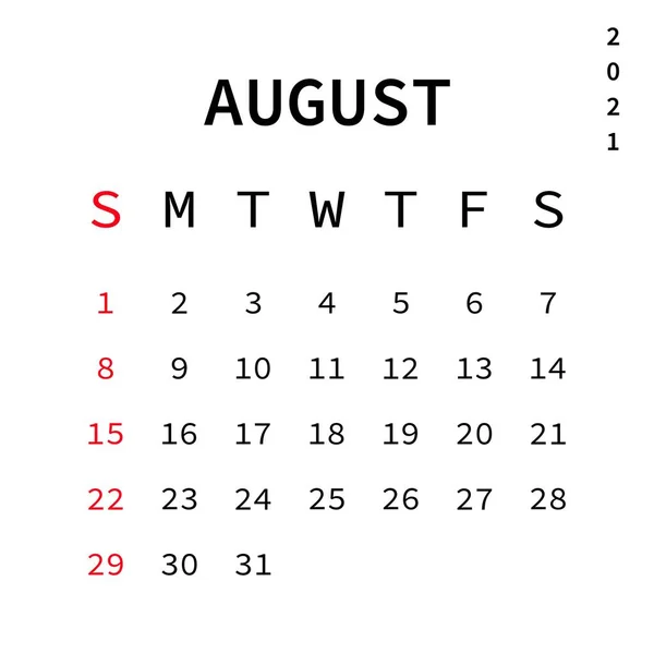 August Month 2021 Calendar Vector Eps Isolated White Background — Stock Vector