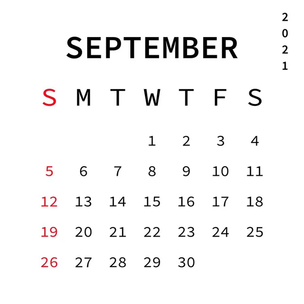 September Monat 2021 Kalender Vektor Eps Isoliert Auf Weißem Hintergrund — Stockvektor