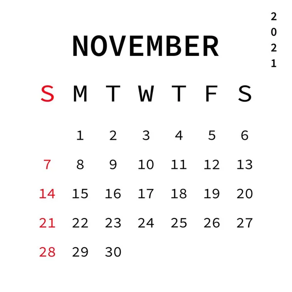 2021 Calendar November Month Vector Eps Isolated White Background — Stock Vector