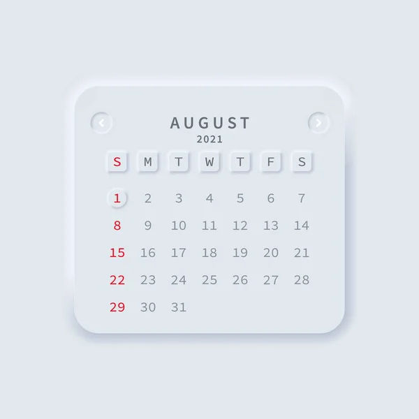 Augustus Maand 2021 Kalender Neumorphisme Stijl Vector Eps Geïsoleerd Witte — Stockvector