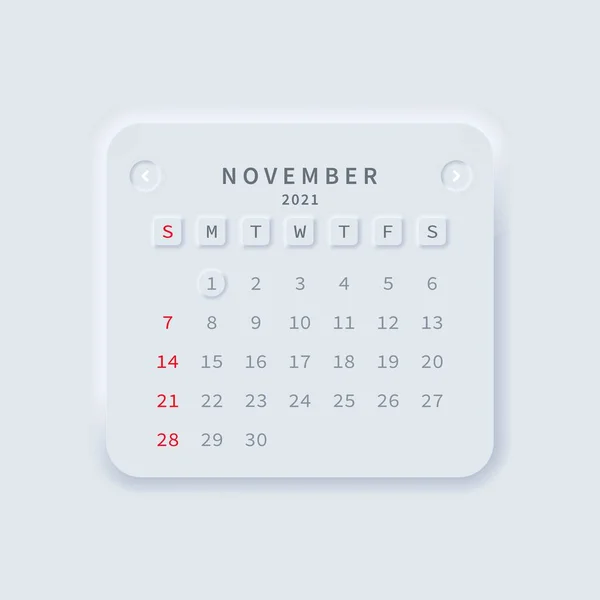 November Monat 2021 Kalender Neumorphismus Vektor Eps Isoliert Auf Weißem — Stockvektor