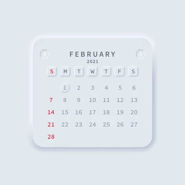 2021 Calendar February Month Neumorphism Style Vector Eps Isolated White — Stock Vector
