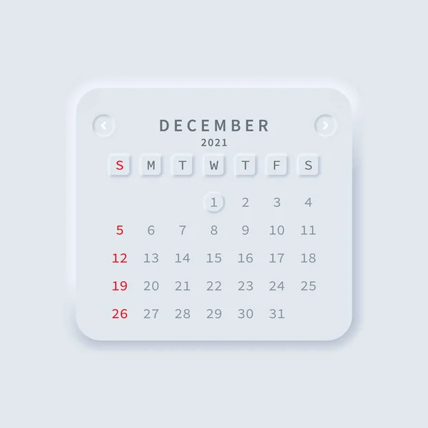 Dezember Monat 2021 Kalender Neumorphismus Vektor Eps Isoliert Auf Weißem — Stockvektor