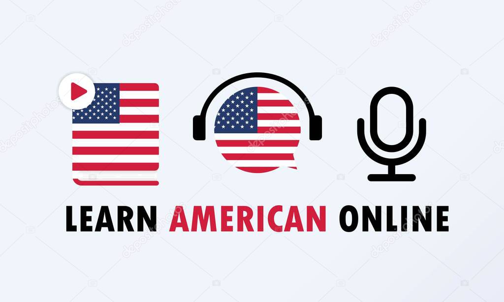 Learn American online banner. Studying at home. E-learning concept. Vector EPS 10. Isolated on background.