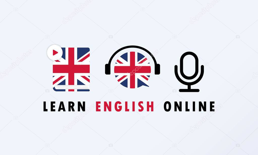 Learn English online banner. Digital course. Online education. Online language courses. Language practice. Vector EPS 10. Isolated on background.