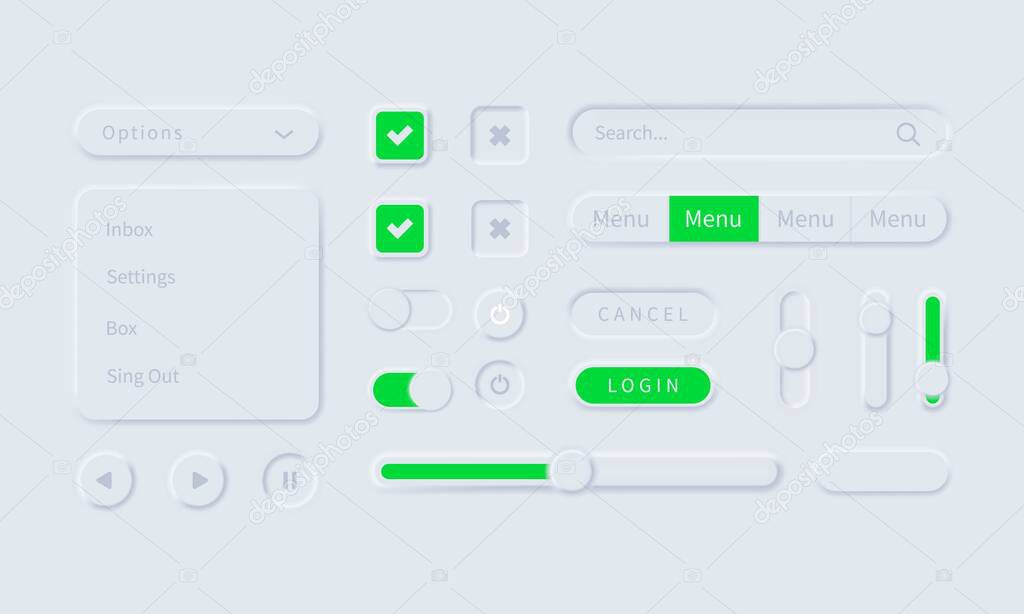 Neumorphism icons. Neumorphic UI UX white user interface web buttons and ui sliders. Vector UI UX kit for mobile applications, web and social media. Mobile menu and apps. Neumorphic ui ux design kit.