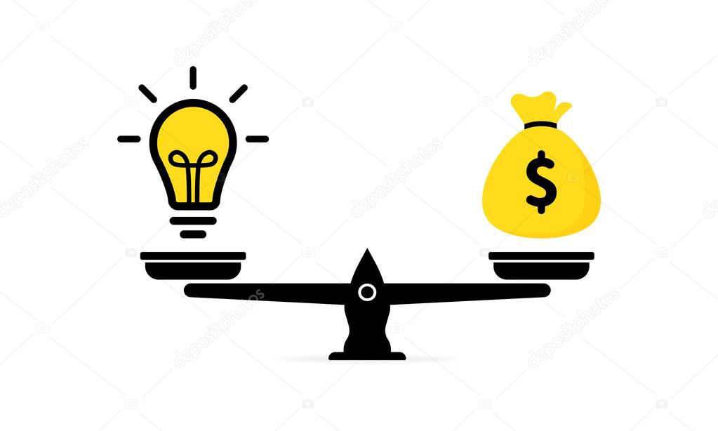 Idea and money on the scale. Idea and money stack balance on libra. Idea is money concept.