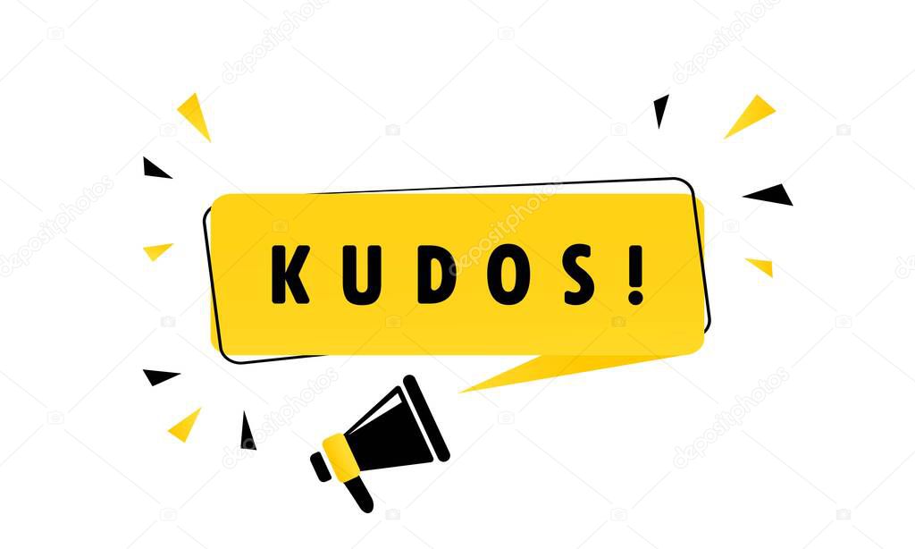 Megaphone with Kudos speech bubble banner. Loudspeaker. Can be used for business, marketing and advertising. Vector EPS 10. Isolated on white background.