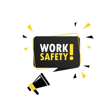 İş güvenliği konuşma balonu pankartlı megafon. Hoparlör. İş, pazarlama ve reklam için kullanılabilir. Vektör EPS 10. Beyaz arkaplanda izole.