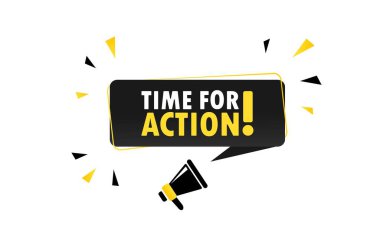 Hareketli konuşma baloncuğu afişi zamanı ile megafon. Hoparlör. İş, pazarlama ve reklam için kullanılabilir. Vektör EPS 10. Beyaz arkaplanda izole.