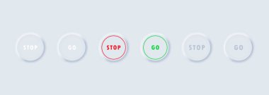 Dur ve düğme simgesi ayarla. Neumorphism tarzı. Vektör EPS10. Beyaz arkaplanda izole.