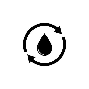 Su damlası ikonu. Su ikonunu geri dönüştür. 2 senkronize okla su damlası. Tek siyah yuvarlak sıvı geri dönüşüm simgesi. Gezegen bio-koruma çemberi düz tasarımı. Vektör EPS 10. Beyaz arkaplanda izole