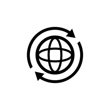 İnternet simgesi. Dünya 'nın uluslararası dünya ikonu. İkonun etrafında iki tane senkronize ok olan yuvarlak bir dünya. Küre sembolü silueti. Dünya ikonları. Vektör EPS 10. Beyaz arkaplanda izole