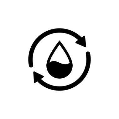 Su ikonunu geri dönüştür. 2 senkronize okla su damlası. Tek siyah yuvarlak sıvı geri dönüşüm simgesi. Gezegen bio koruma çemberi düz tasarım