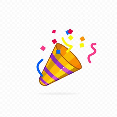 Parti ikonu. Konfeti ikonu. Vektör. Konfetili patlayıcı, parlak çizgi film doğum günü krakeri. Yeni yılı, tatili kutlamak için çırpınıyor. Parti konfetisi, emoji.