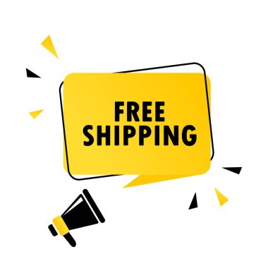 Ücretsiz sevkiyat konuşma balonu pankartlı megafon. Hoparlör. İş, pazarlama ve reklam için kullanılabilir. Vektör EPS 10. Beyaz arkaplanda izole.