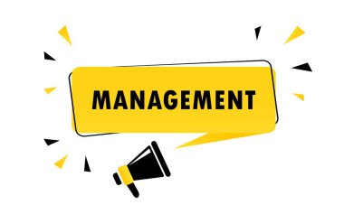 Yönetim konuşma baloncuğu pankartlı megafon. Hoparlör. İş, pazarlama ve reklam için kullanılabilir. Vektör EPS 10. Beyaz arkaplanda izole.