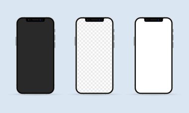 Gerçekçi akıllı telefon ekran modeli seti. Boş ekran şablonlu telefon çerçevesi. Mobil cihaz konsepti. Vektör EPS 10. Beyaz arkaplanda izole.