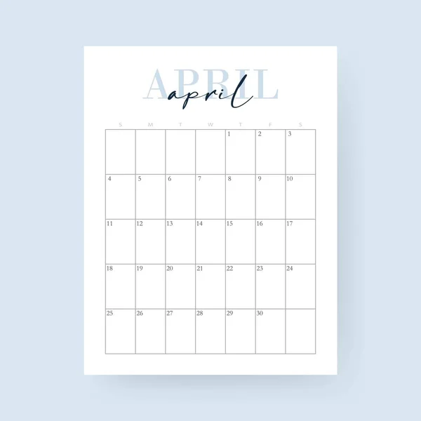 Calendario 2021 Abril Mes Diseño Para 2021 Años Semana Comienza — Vector de stock