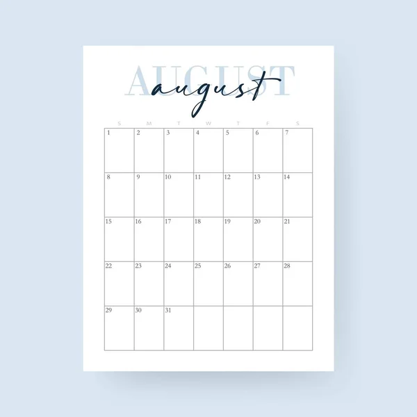 August Month 2021 Calendar Layout 2021 Years Week Starts Sunday —  Vetores de Stock