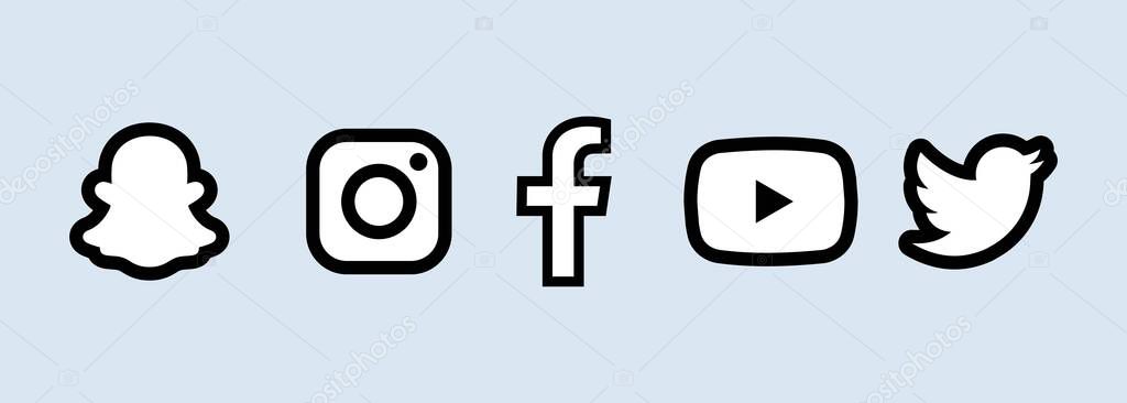 Kyiv, Ukraine - March 12, 2021 Set of Facebook, Twitter, Snapchat, YouTube and Instagram icons. Social media icons. Realistic set.