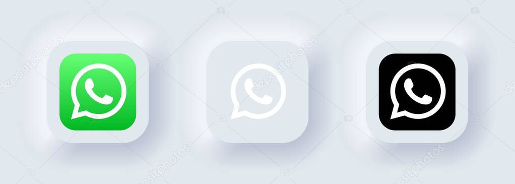 Kyiv, Ukraine - March 12, 2021 Set of Whatsapp icons. Social media icons. Realistic Whatsapp set. Neumorphic UI UX white user interface. Neumorphism style.
