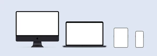 Mac显示器 Macbook Ipad和Iphone图标 Numorphic Ux白色用户界面Web按钮 新形象主义 2021年4月27日 乌克兰基辅 — 图库矢量图片