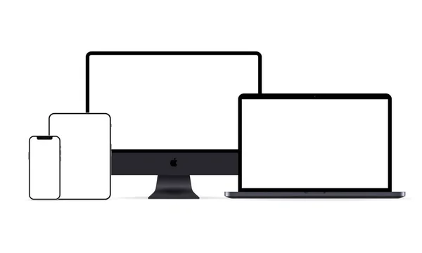Mac ekran, Macbook, ipad ve iphone simgesi. Neumorfik UI UX beyaz kullanıcı arayüzü web düğmesi. Neumorfizm. Kiev, Ukrayna - 27 Nisan 2021.