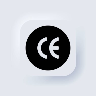 CE işareti. CE sembolü. Avrupa Konformasyon Sertifikası. Neumorfik UI UX beyaz kullanıcı arayüzü web düğmesi. Neumorfizm. Vektör EPS 10.