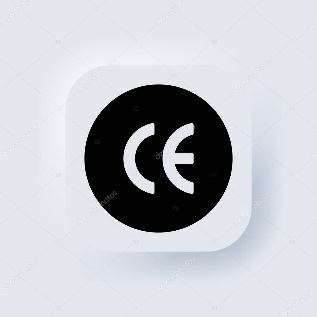 CE mark. CE symbol. European Conformity certification mark. Neumorphic UI UX white user interface web button. Neumorphism. Vector EPS 10.