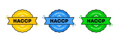 HACCP damgası yerleştirildi. Vektör. HACCP rozet ikonu. Sertifikalı rozet logosu. Damga Şablonu. Etiket, Çıkartma, Simgeler. Vektör EPS 10. Beyaz arkaplanda izole.