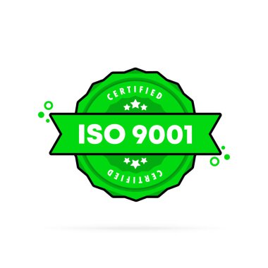 ISO 9001 damgası. Vektör. ISO 9001 rozet simgesi. Sertifikalı rozet logosu. Damga Şablonu. Etiket, Çıkartma, Simgeler. Vektör EPS 10. Beyaz arkaplanda izole.