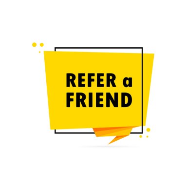 Bir arkadaşa atıfta bulun. Origami tarzı konuşma balonu pankartı. Çıkartma tasarım şablonu bir arkadaş metnini işaret ediyor. Vektör EPS 10. Beyaz arkaplanda izole.