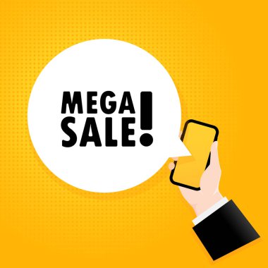 Mega satışı. İçinde baloncuk mesajı olan akıllı bir telefon. Mega mesaj indirimli poster. Çizgi roman tarzı. Telefon uygulaması konuşma balonu. Vektör EPS 10. Arkaplanda izole.