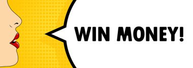 Para kazan. Kırmızı rujlu kadın dudaklar çığlık atıyor. Metinli konuşma balonu. Para kazan. Retro karikatür tarzı. İş, pazarlama ve reklam için kullanılabilir. Vektör EPS 10