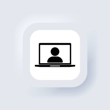 Ekranda insan simgesi olan dizüstü bilgisayar. Laptop kullanıcısı. Kişisel bilgiler, ekran avatarı. Neumorfik UI UX beyaz kullanıcı arayüzü web düğmesi. Neumorfizm. Vektör illüstrasyonu