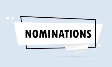 Adaylık. Origami tarzı konuşma balonu pankartı. Metin Nomination 'lu bir poster. Çıkartma tasarım şablonu. Vektör EPS 10. Arkaplanda izole