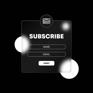 Glasmorfizm tarzı. E- posta aboneliği, posta kutulu online haber şablonu ve gönderme düğmesi. Şeffaf cam levhalarla gerçekçi cam morfizm etkisi. Vektör illüstrasyonu.