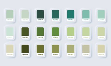 Yeşil pastel renk paleti. Vektör. Katalog örnekleri RGB HEX 'te yeşil. Renk kataloğu. Neumorfik UI UX beyaz kullanıcı arayüzü web düğmesi. Neumorfizm. Vektör EPS 10.
