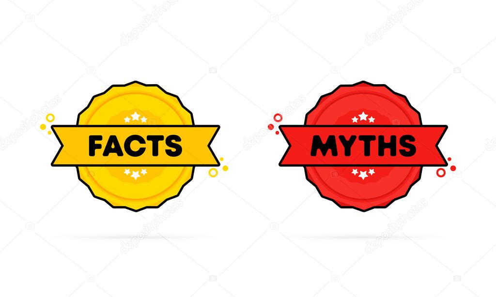 Facts or myths stamp. Vector. Facts or myths badge icon. Certified badge logo. Stamp Template. Label, Sticker, Icons. Vector EPS 10. Isolated on white background.