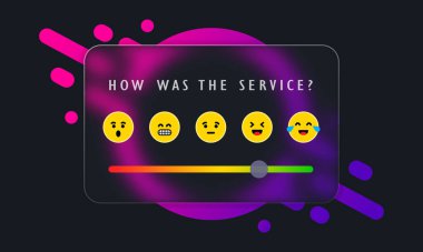 Geribildirim emojisi kaydırıcı. Cam morfizmi. Farklı duyguları temsil eden emojiyle ölçeği gözden geçirir ya da derecelendirir. Memnuniyet derecesi. Vektör EPS 10.