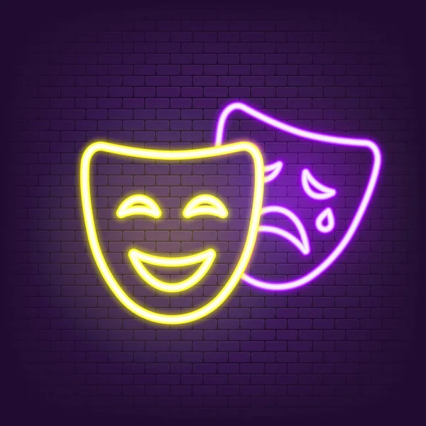 아이콘 코미디와 마스크는 네온을 상징합니다 행복하고 극장의 전통적 상징입니다 Vector — 스톡 벡터