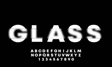 Alfabe harfleri. Cam morfizmi. Bulanık yazı tipi, tipografi tasarımı, alfabe harfleri ve sayılar. Defocus font tasarımı, odaklı ve odaksız stil alfabesi. Vektör