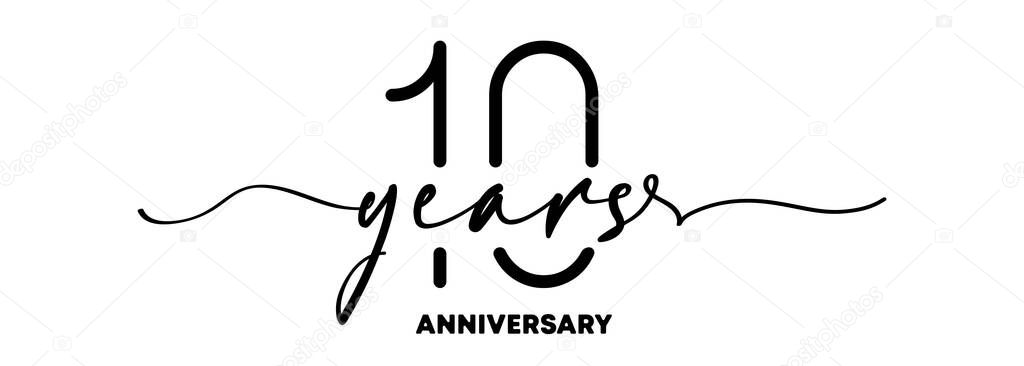 10 years anniversary emblem. Anniversary badge or label. 10th celebration and congratulation design element. One line style. Vector EPS 10. Isolated on background.