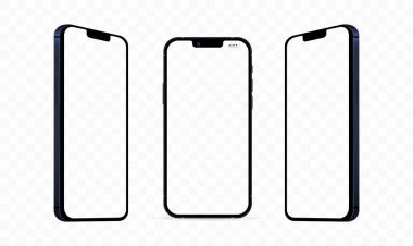 Yeni iPhone 13, Pro Max, Pro, Mini. Model ekran iPhone ve arka taraf iPhone. Vektör çizimi. Zaporizhzhia, Ukrayna - 15 Eylül 2021