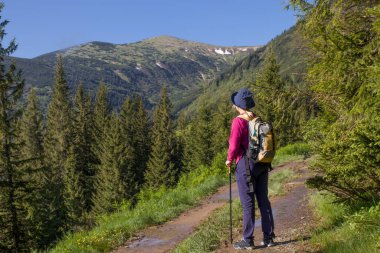 Sırt çantalı kadın dağ sırasına bakıyor.