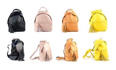 sırt çantası beyaz arka plan üzerinde izole kadın deri